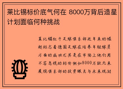 莱比锡标价底气何在 8000万背后造星计划面临何种挑战